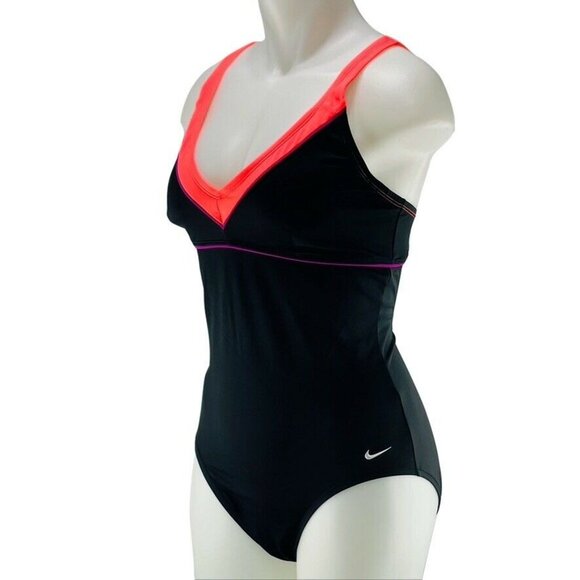 NIKE Swimsuit One Piece Racer Back Black Deep V-Neck Women's Size 12 - Picture 3 of 7
